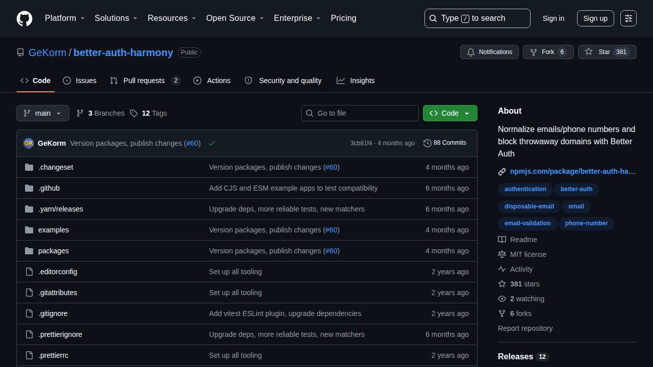 Better Auth Harmony GitHub repository showing project files and release information