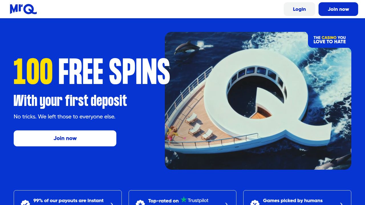 MrQ casino homepage showing its free-spins promotion and product navigation