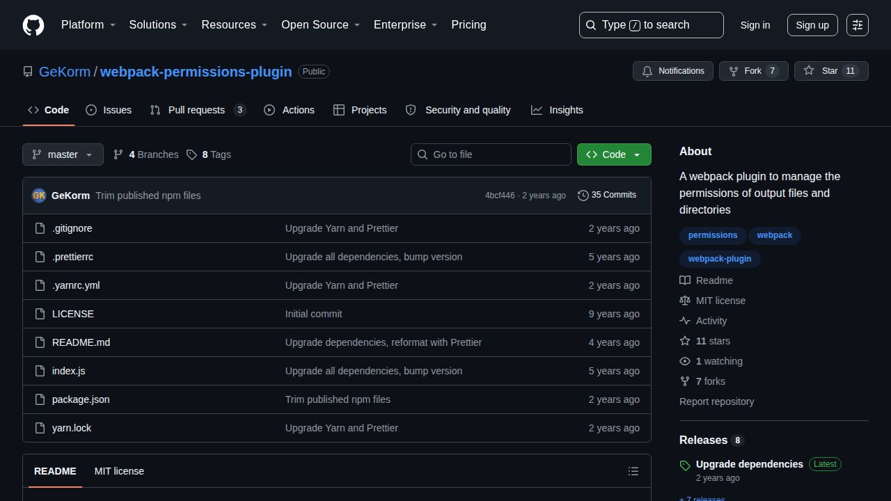 Webpack Permissions Plugin GitHub repository showing its source files and project overview